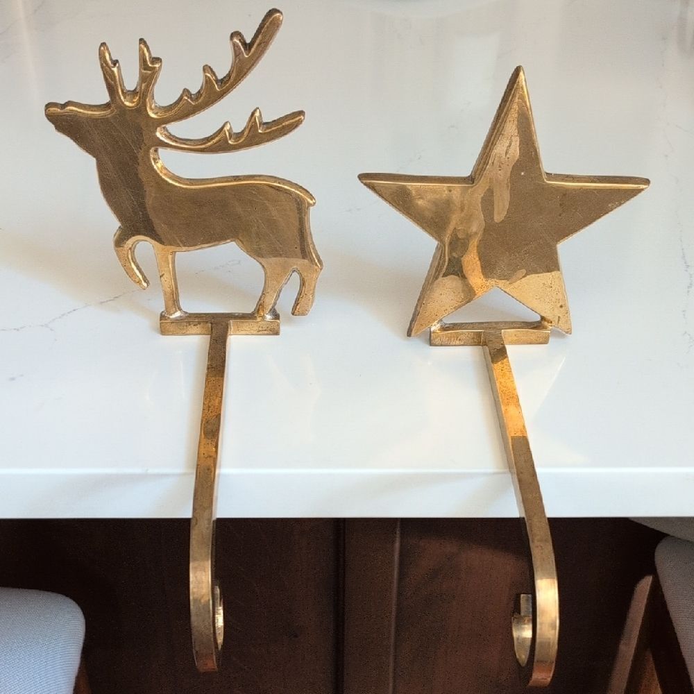 Solid Brass Reindeer and Star Christmas Stocking Holder Hooks Set of 2 Vintage